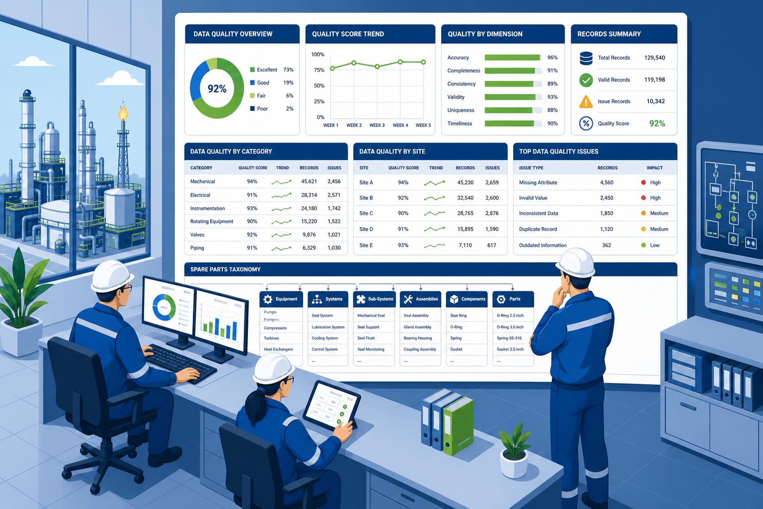 Engineers in a control room reviewing clean MRO spare parts data on a large digital dashboard.