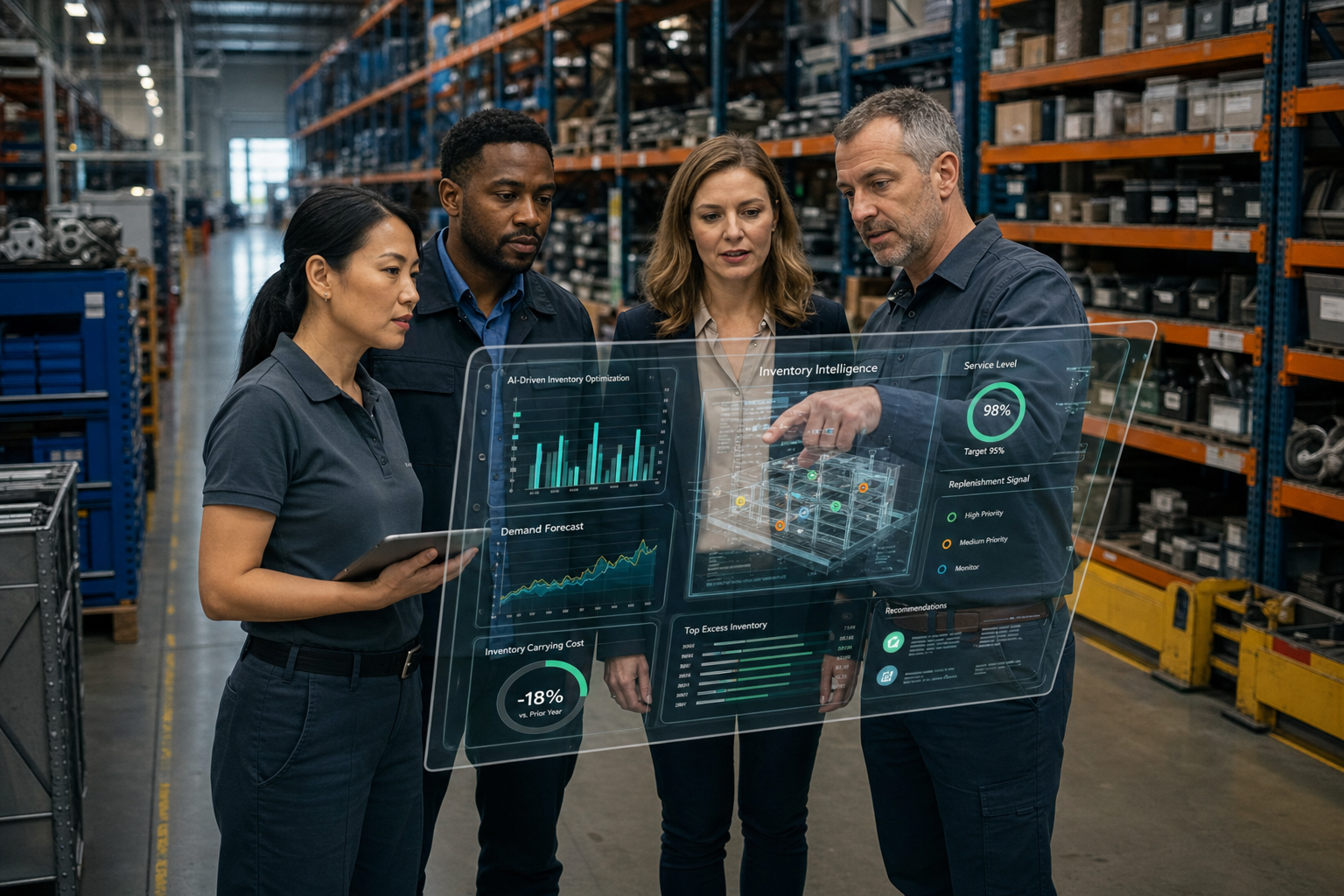 Supply chain and maintenance leaders in a modern industrial warehouse reviewing holographic dashboards from the ARIVA AI inventory optimization platform showing demand forecasts, inventory carrying costs, and supply chain efficiency KPIs.