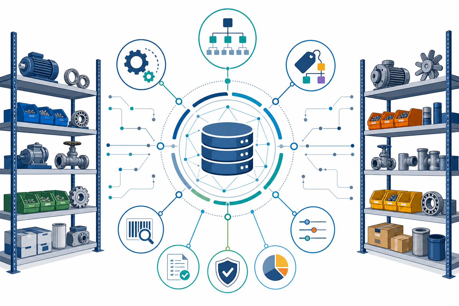 Warehouse shelves of spare parts connected to a central data hub visualizing MRO taxonomy and master data standards.