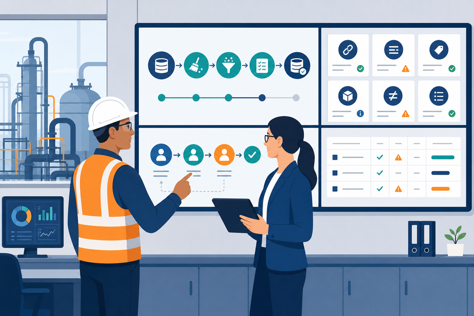 Reliability engineer and data analyst collaborating in front of screens showing workflows and governance rules for spare parts data cleansing.