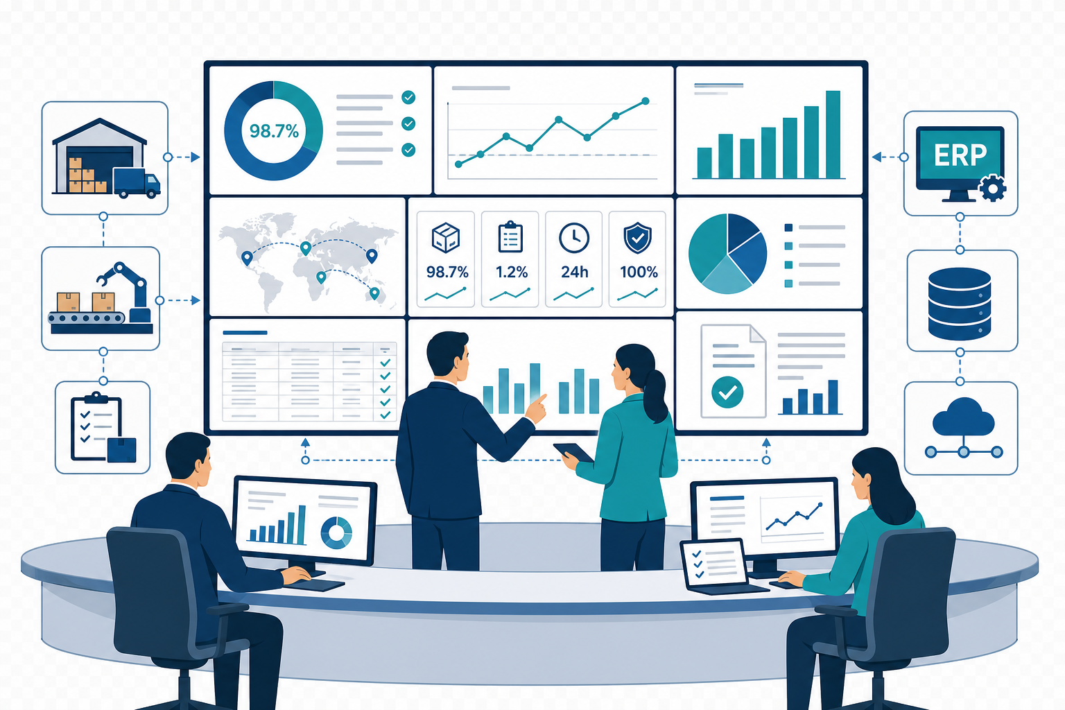 Finance and supply chain leaders in a modern control-tower operations center reviewing real-time inventory accuracy dashboards and audit-ready reports across warehouses and ERP systems.